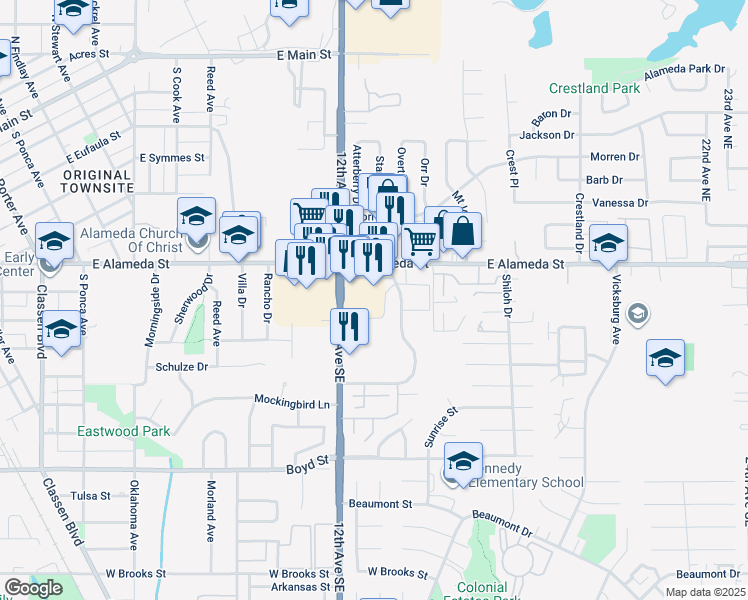 map of restaurants, bars, coffee shops, grocery stores, and more near 153 12th Avenue Southeast in Norman