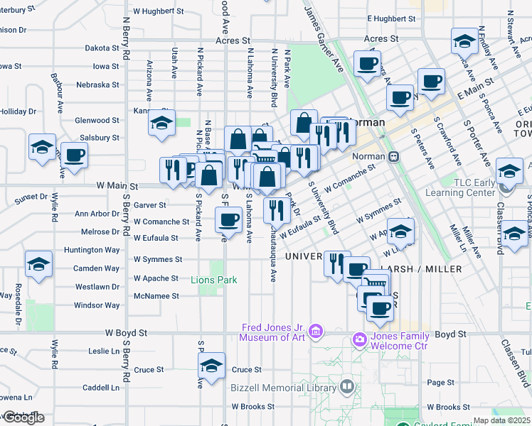 map of restaurants, bars, coffee shops, grocery stores, and more near 605 W Comanche St in Norman