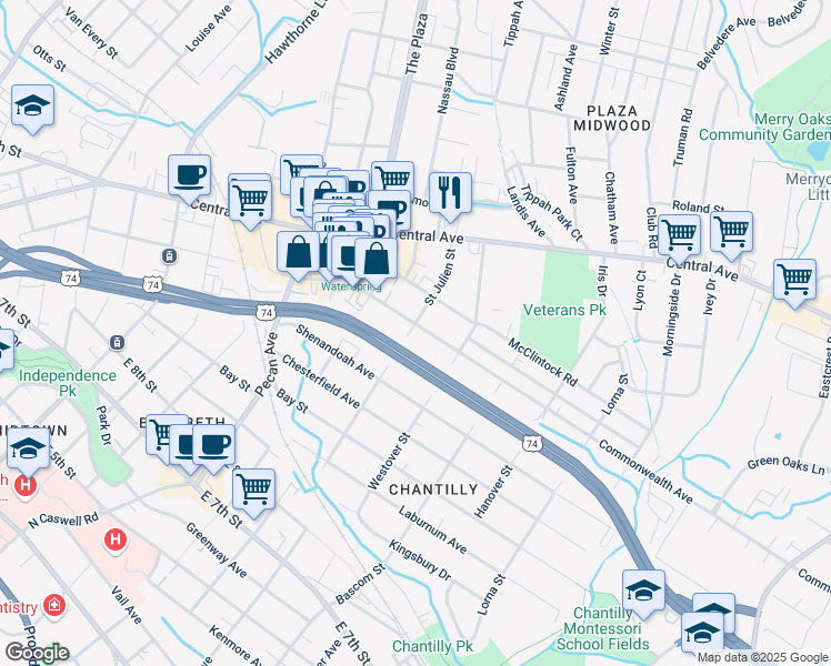 map of restaurants, bars, coffee shops, grocery stores, and more near 2200 Commonwealth Avenue in Charlotte