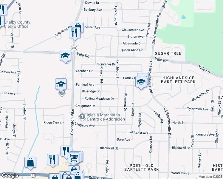 map of restaurants, bars, coffee shops, grocery stores, and more near 5230 Blueridge Drive in Memphis
