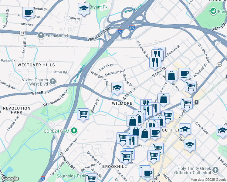 map of restaurants, bars, coffee shops, grocery stores, and more near 538 West Kingston Avenue in Charlotte