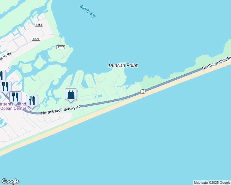 map of restaurants, bars, coffee shops, grocery stores, and more near 56190A Austin Road in Hatteras