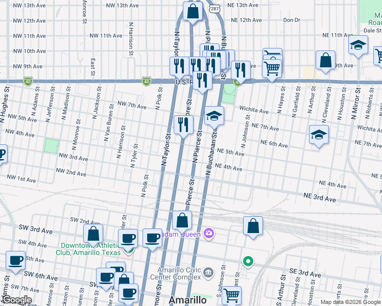 map of restaurants, bars, coffee shops, grocery stores, and more near 408 North Fillmore Street in Amarillo