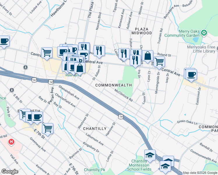 map of restaurants, bars, coffee shops, grocery stores, and more near 2318 McClintock Road in Charlotte