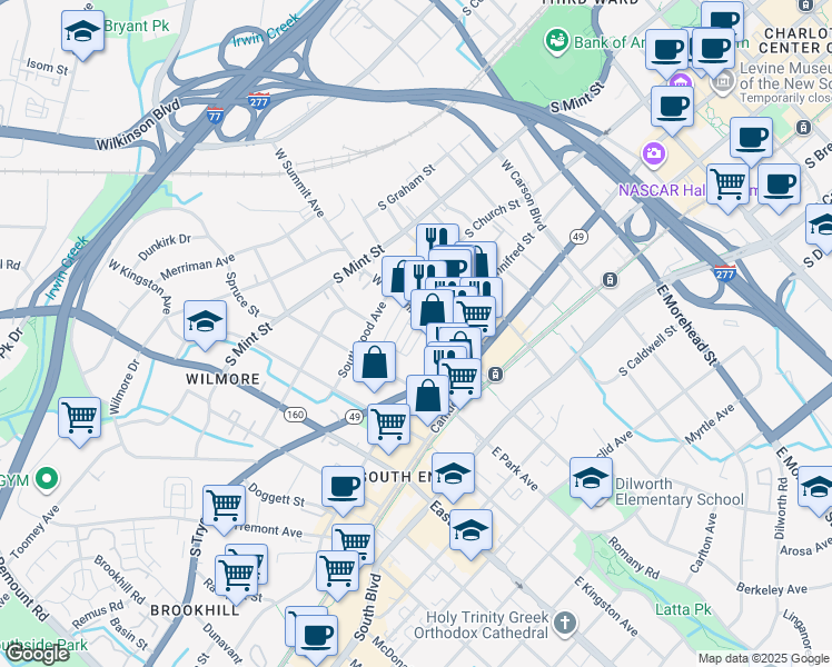 map of restaurants, bars, coffee shops, grocery stores, and more near 1547 South Church Street in Charlotte