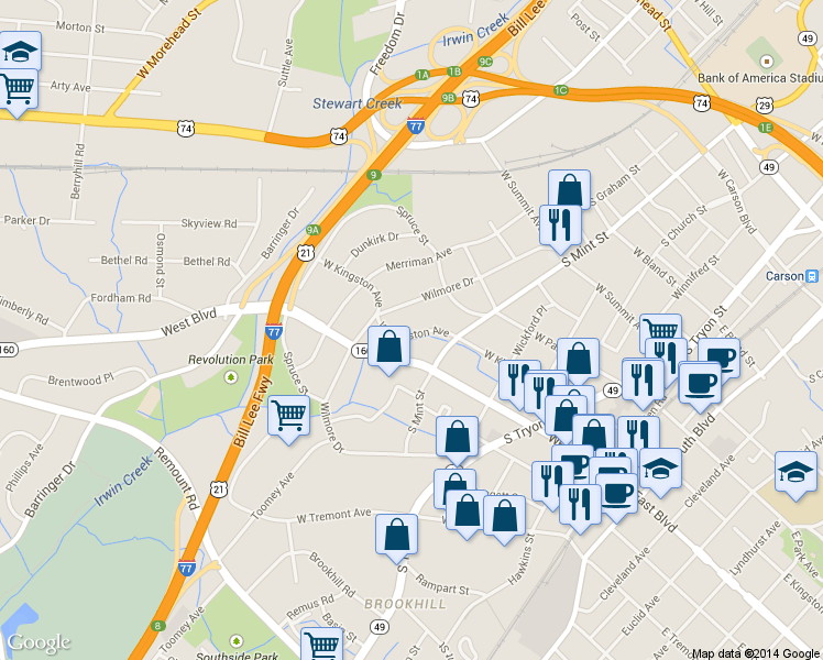 map of restaurants, bars, coffee shops, grocery stores, and more near 538 West Kingston Avenue in Charlotte