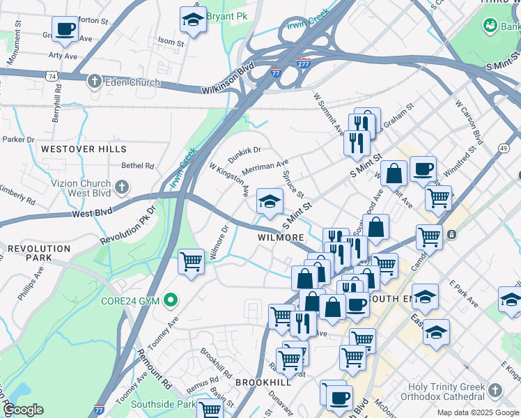 map of restaurants, bars, coffee shops, grocery stores, and more near 538 West Kingston Avenue in Charlotte