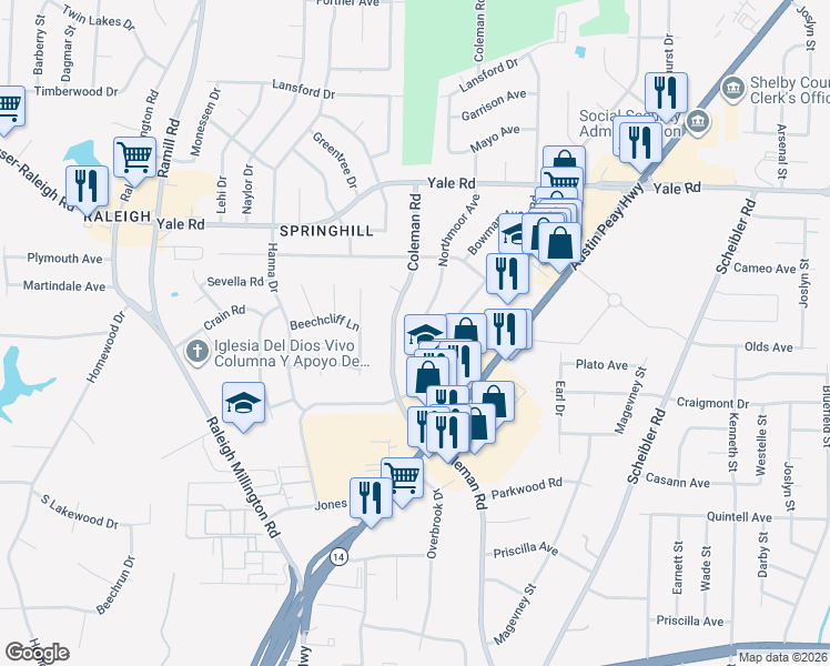 map of restaurants, bars, coffee shops, grocery stores, and more near 3350 Coleman Road in Memphis