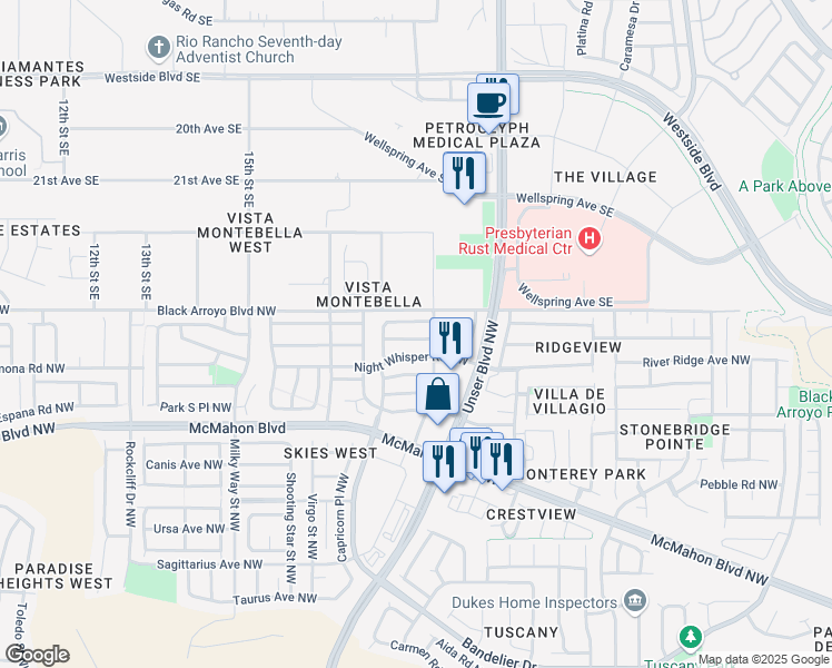 map of restaurants, bars, coffee shops, grocery stores, and more near 5755 Pinon Altos Road Northwest in Albuquerque