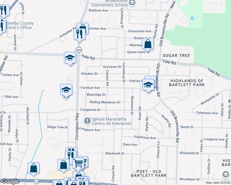 map of restaurants, bars, coffee shops, grocery stores, and more near 5226 Blueridge Drive in Memphis