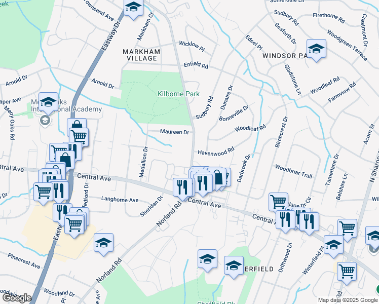 map of restaurants, bars, coffee shops, grocery stores, and more near 2900 Kilborne Drive in Charlotte