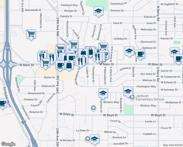 map of restaurants, bars, coffee shops, grocery stores, and more near 1919 Jansing Street in Norman