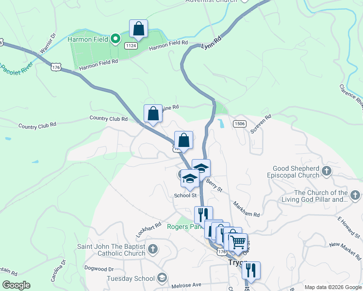 map of restaurants, bars, coffee shops, grocery stores, and more near 706 North Trade Street in Tryon