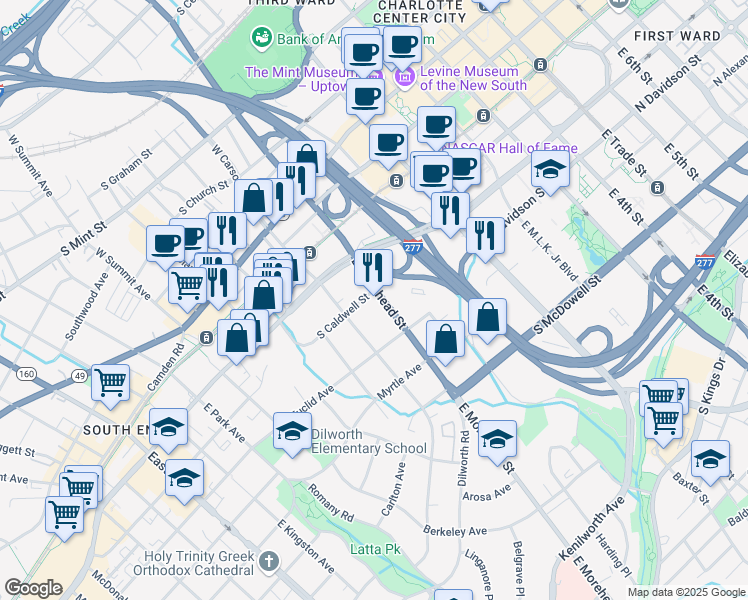 map of restaurants, bars, coffee shops, grocery stores, and more near 500 East Morehead Street in Charlotte