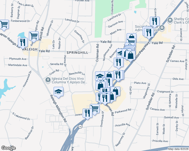 map of restaurants, bars, coffee shops, grocery stores, and more near 3350 Coleman Road in Memphis