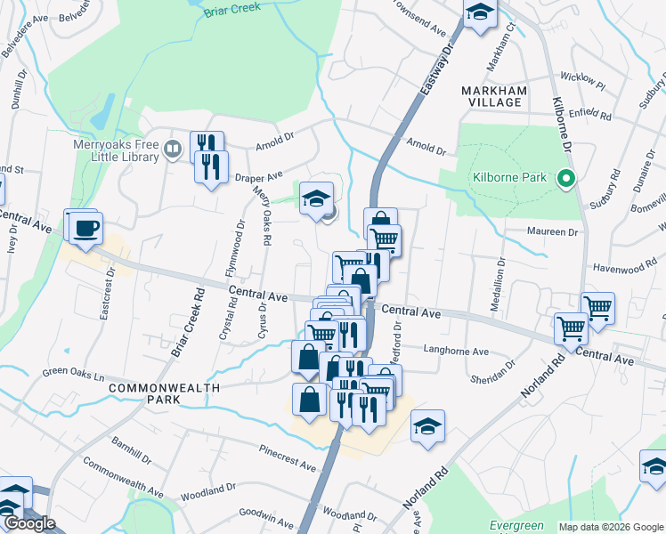 map of restaurants, bars, coffee shops, grocery stores, and more near 1638 Longfellow Street in Charlotte