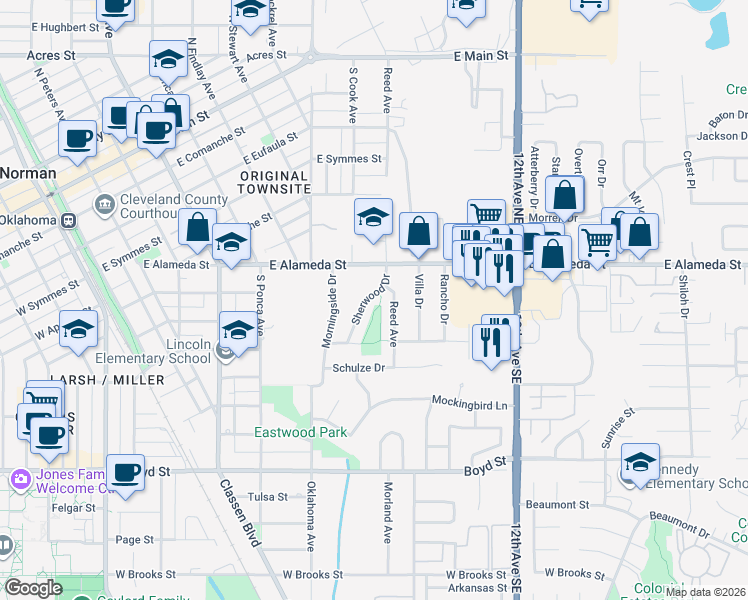 map of restaurants, bars, coffee shops, grocery stores, and more near 613 Sherwood Drive in Norman