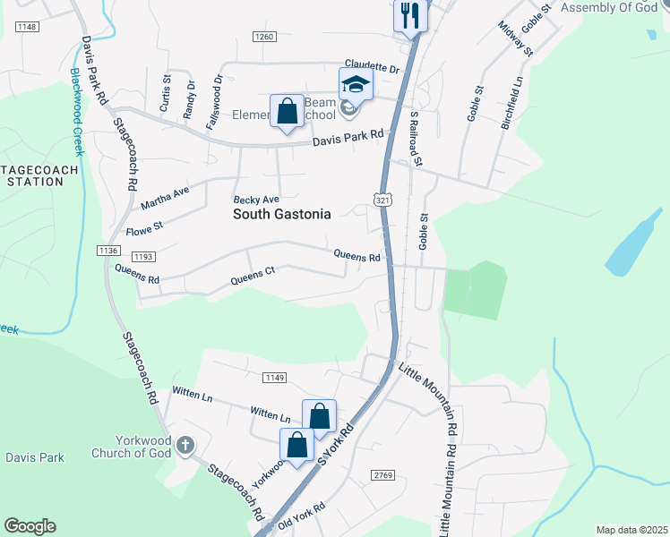 map of restaurants, bars, coffee shops, grocery stores, and more near 310 Queens Court in Gastonia
