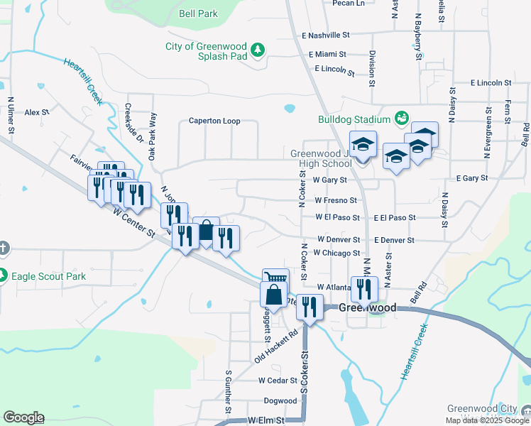map of restaurants, bars, coffee shops, grocery stores, and more near 315 West Fresno Circle in Greenwood