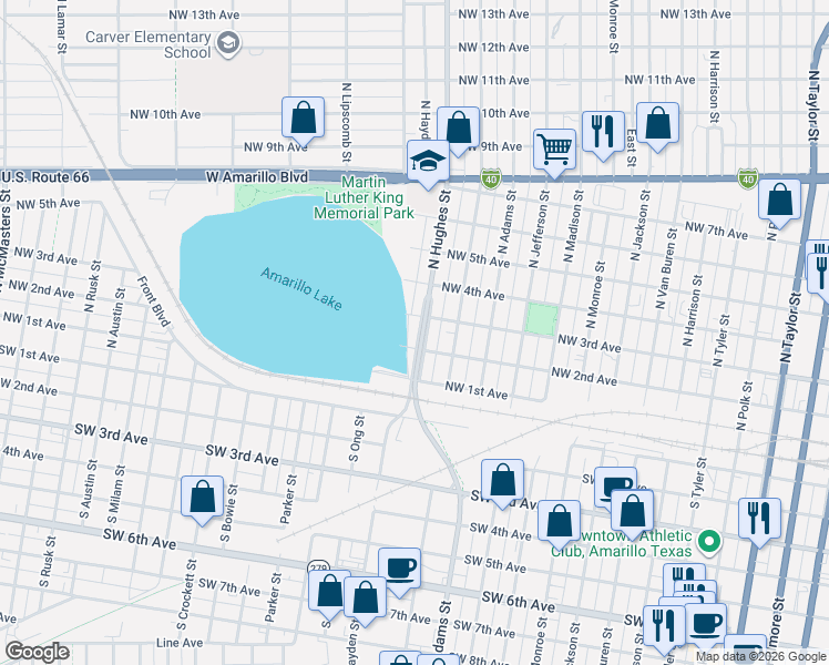 map of restaurants, bars, coffee shops, grocery stores, and more near 203 North Hughes Street in Amarillo