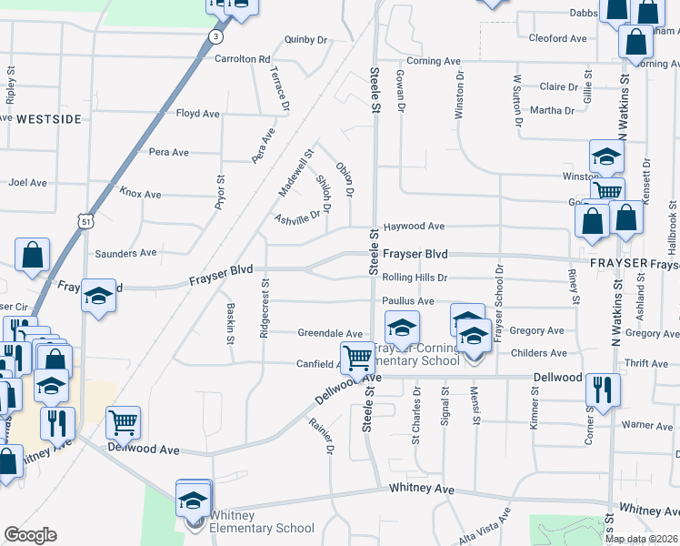 map of restaurants, bars, coffee shops, grocery stores, and more near 1420 Rolling Hills Drive in Memphis