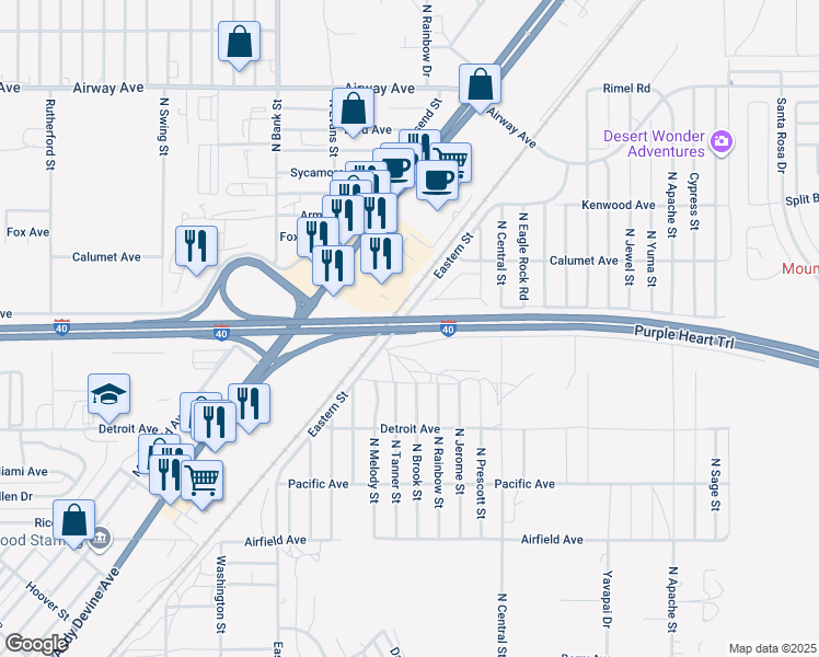 map of restaurants, bars, coffee shops, grocery stores, and more near Purple Heart Trail in Kingman