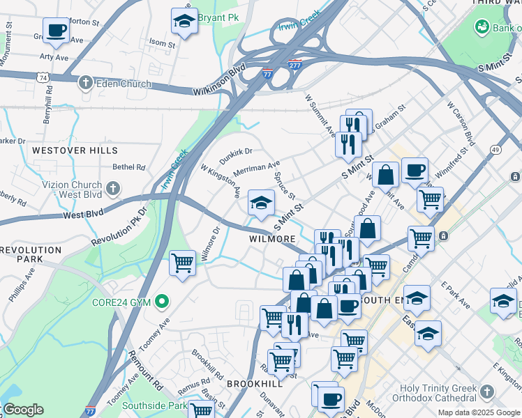 map of restaurants, bars, coffee shops, grocery stores, and more near 538 West Kingston Avenue in Charlotte