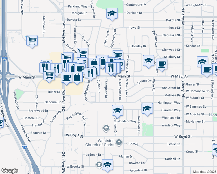 map of restaurants, bars, coffee shops, grocery stores, and more near 1919 Jansing Street in Norman