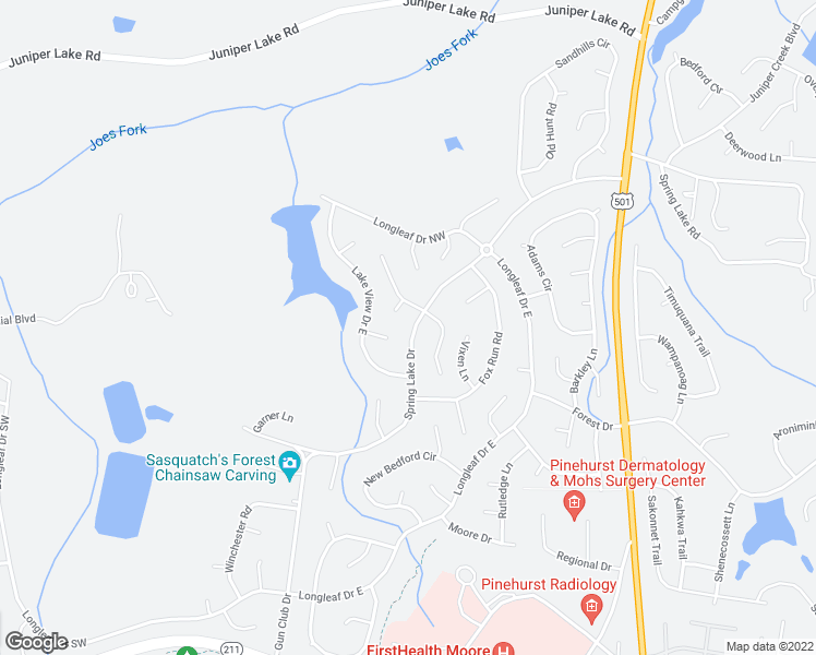 map of restaurants, bars, coffee shops, grocery stores, and more near 185 Spring Lake Drive in Pinehurst