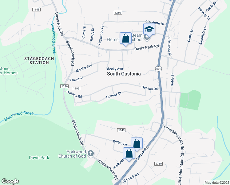 map of restaurants, bars, coffee shops, grocery stores, and more near 438 Queens Ct in Gastonia
