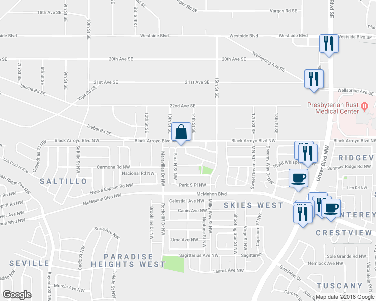 map of restaurants, bars, coffee shops, grocery stores, and more near 6140 Red Rock Park Avenue Northwest in Albuquerque