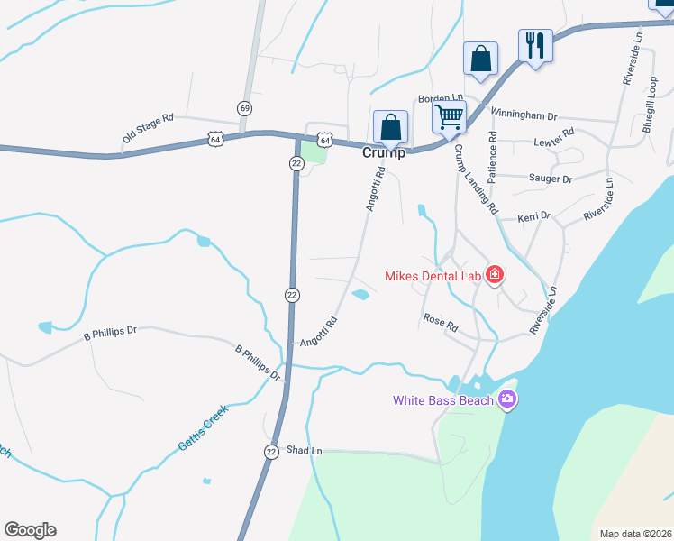 map of restaurants, bars, coffee shops, grocery stores, and more near 340 Angotti Road in Crump