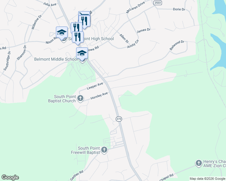 map of restaurants, bars, coffee shops, grocery stores, and more near 1109 South Point Road in Belmont