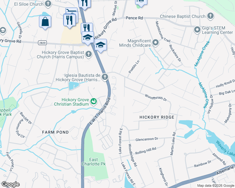 map of restaurants, bars, coffee shops, grocery stores, and more near 7663 Petrea Lane in Charlotte