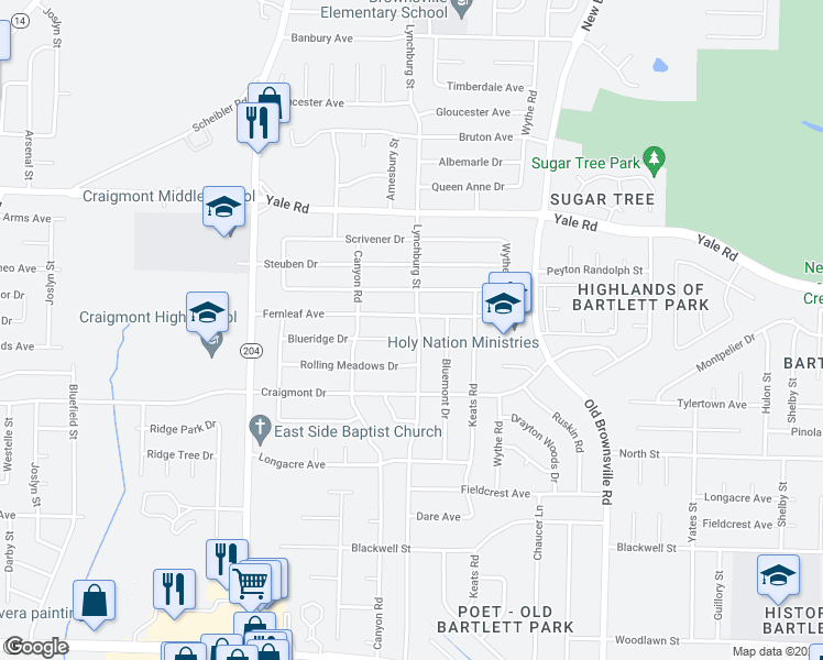 map of restaurants, bars, coffee shops, grocery stores, and more near 3349 Lynchburg Street in Memphis