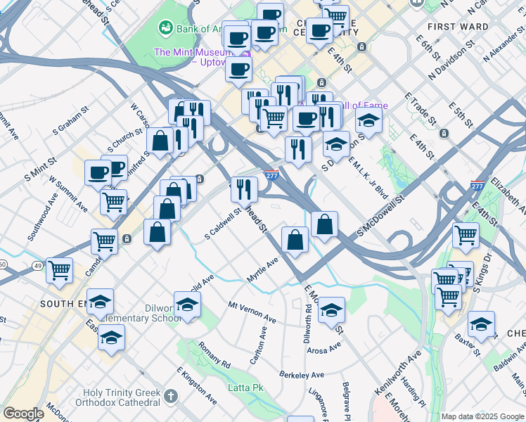 map of restaurants, bars, coffee shops, grocery stores, and more near 521 East Morehead Street in Charlotte