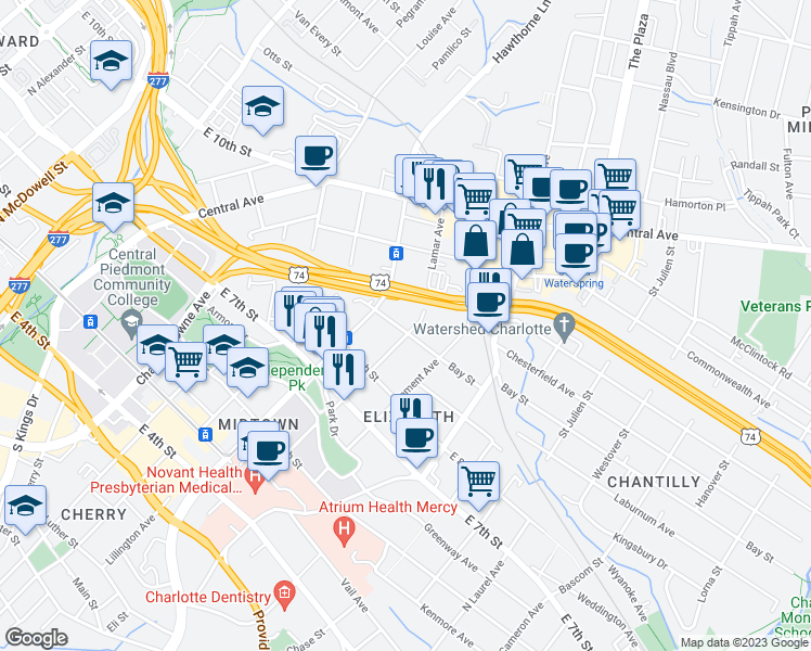 map of restaurants, bars, coffee shops, grocery stores, and more near 601 Lamar Avenue in Charlotte