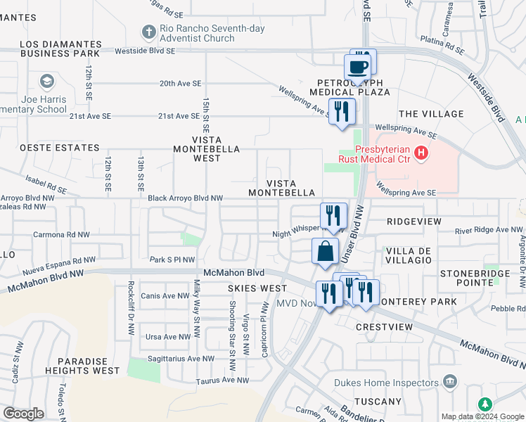 map of restaurants, bars, coffee shops, grocery stores, and more near 5820 Night Shadow Avenue Northwest in Albuquerque