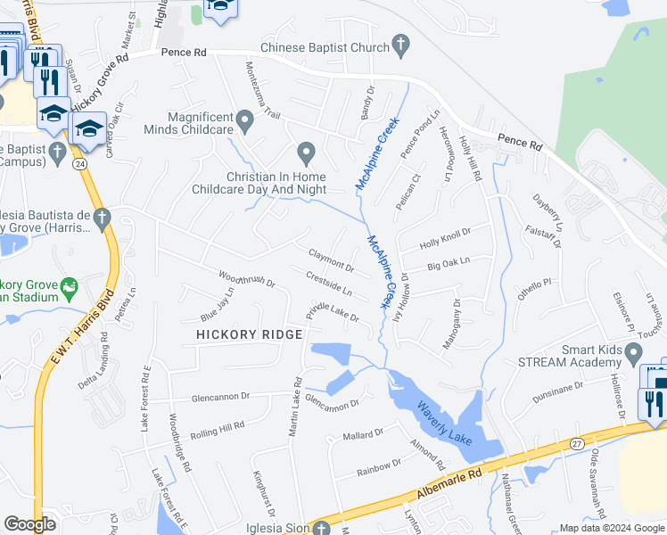 map of restaurants, bars, coffee shops, grocery stores, and more near 7453 Claymont Drive in Charlotte