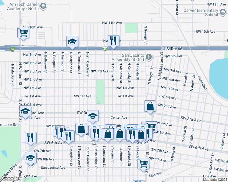 map of restaurants, bars, coffee shops, grocery stores, and more near 82 North Virginia Street in Amarillo
