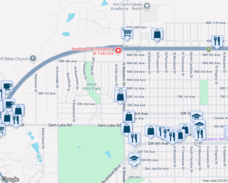 map of restaurants, bars, coffee shops, grocery stores, and more near 102 South La Salle Street in Amarillo