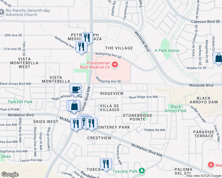 map of restaurants, bars, coffee shops, grocery stores, and more near 5501 Mesa Ridge Road Northwest in Albuquerque