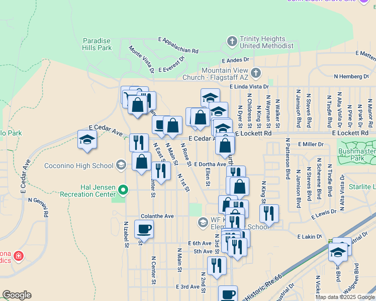map of restaurants, bars, coffee shops, grocery stores, and more near 2919 North Aris Street in Flagstaff