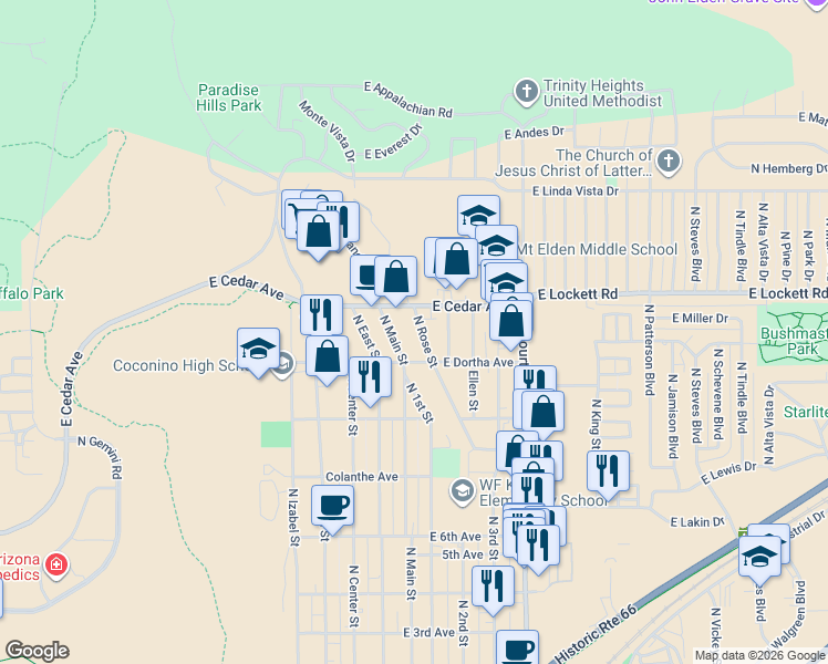 map of restaurants, bars, coffee shops, grocery stores, and more near 2917 North Rose Street in Flagstaff
