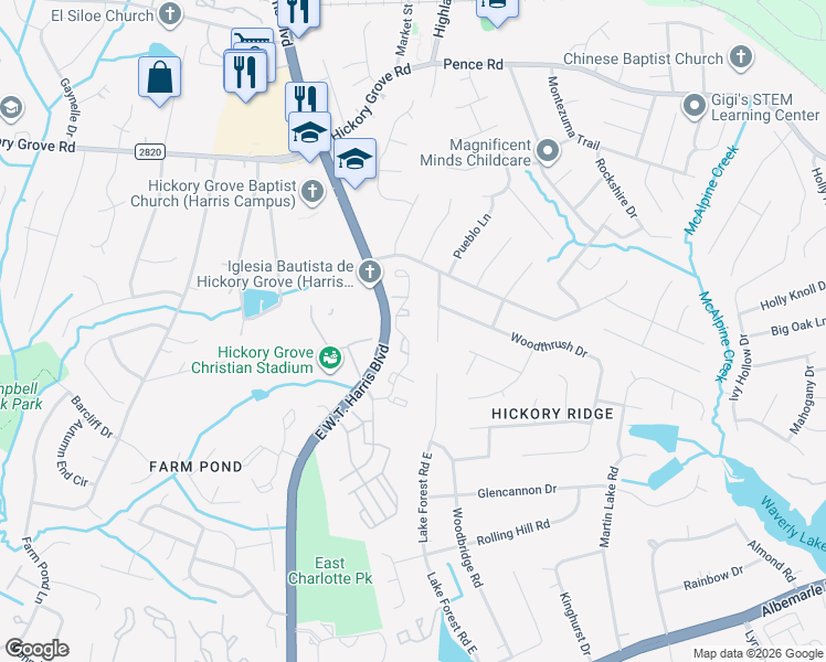 map of restaurants, bars, coffee shops, grocery stores, and more near 7663 Petrea Lane in Charlotte