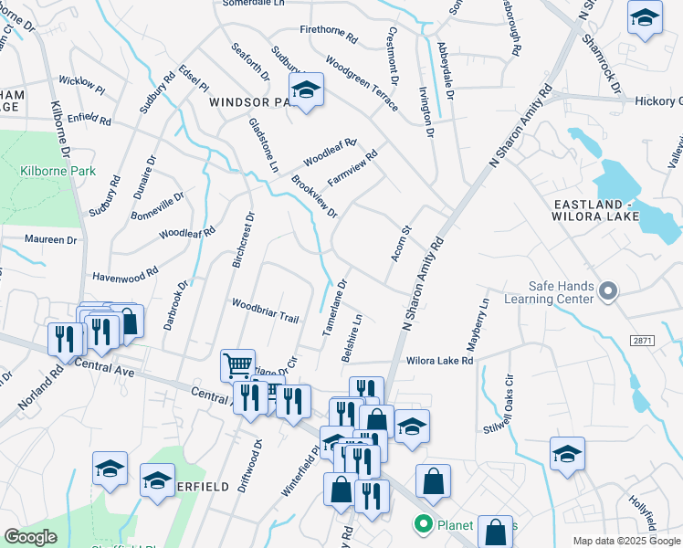 map of restaurants, bars, coffee shops, grocery stores, and more near 4117 Tamerlane Drive in Charlotte