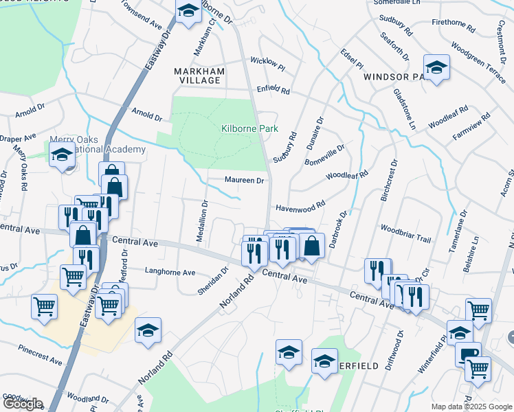 map of restaurants, bars, coffee shops, grocery stores, and more near 2900 Kilborne Drive in Charlotte