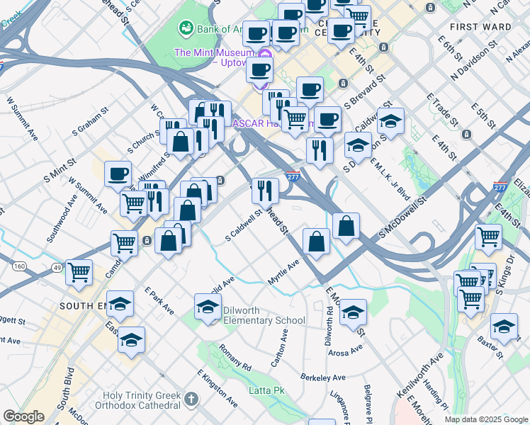 map of restaurants, bars, coffee shops, grocery stores, and more near 500 East Morehead Street in Charlotte