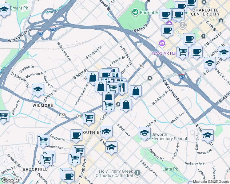 map of restaurants, bars, coffee shops, grocery stores, and more near in Charlotte