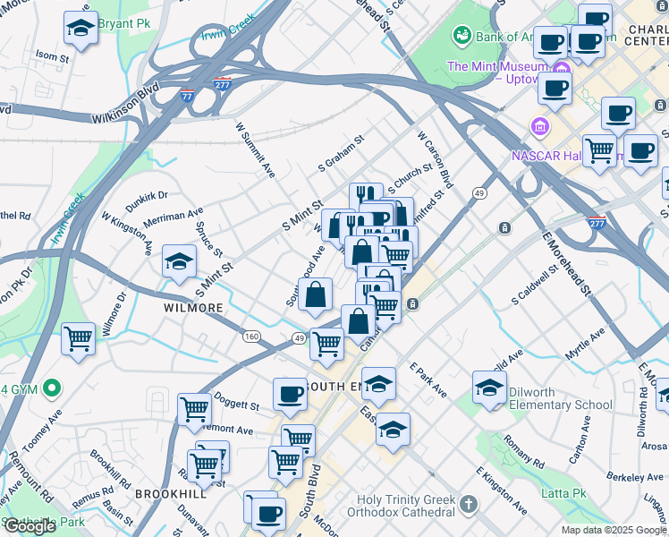 map of restaurants, bars, coffee shops, grocery stores, and more near 1547 South Church Street in Charlotte
